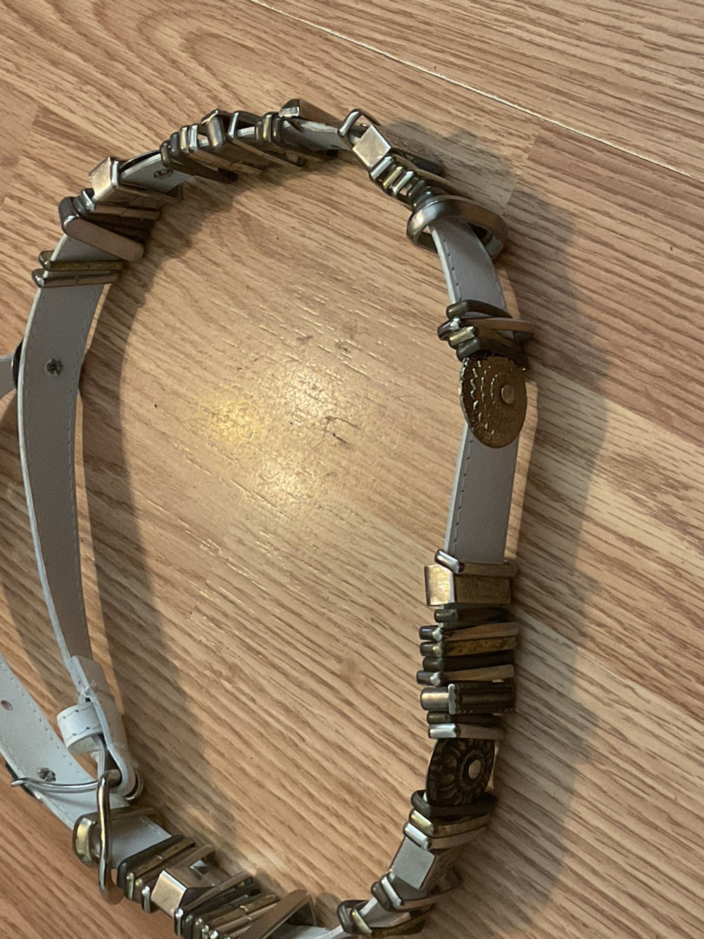 White Leather BOHO Accent Belt with Antiqued Gold Hardware 53 pieces of metal